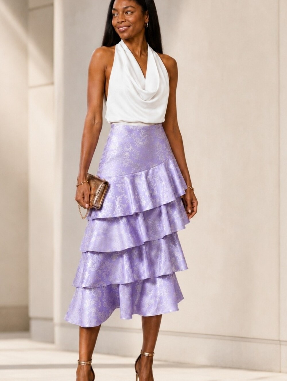 Layered Hem Floral Satin Jaquard Skirt